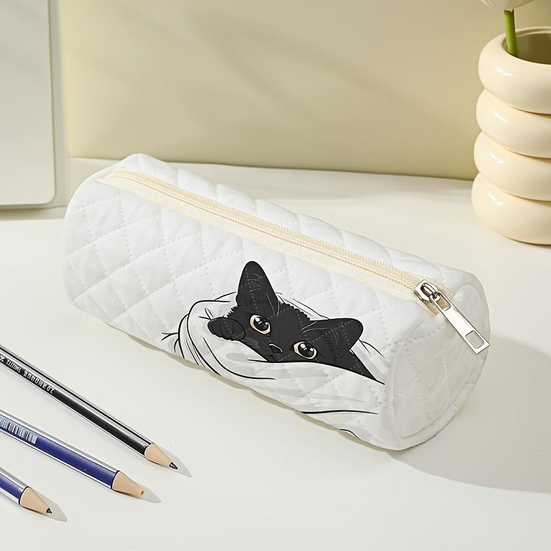 TEMU Cat Print Quilted Polyester Pencil Case With Zipper, 1-pack, Multi-functional Stationery Pouch For Pens, Makeup, And Coins