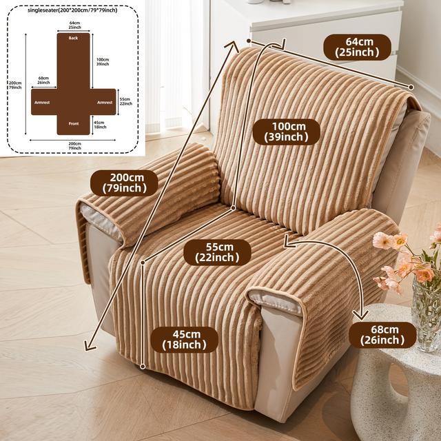 TEMU 1pc Yjcrystdia Modern Striped Plush Sofa Cover For Single-seat Recliners - White Short Plush Pet-friendly Anti-slip Cushion Cover, Machine Washable Universal Fit With Seamless Design