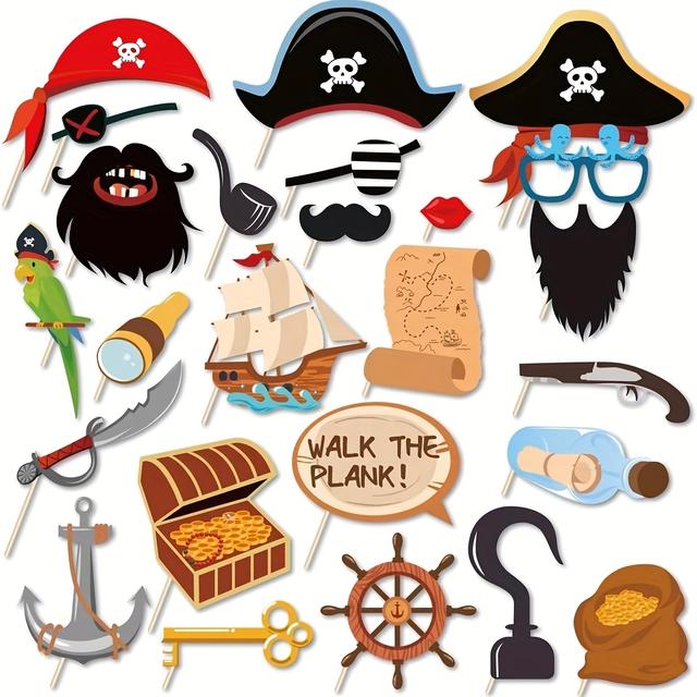 TEMU 25pcs Pirate Photo Booth Props With Stick Pirates Theme Selfie Props Birthday Party Supplies Photography Backdrop Decorations
