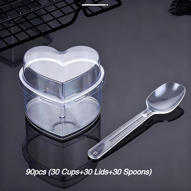 TEMU 90pcs Heart-shaped Mini Dessert Cups With Lids & Spoons | 5-ounce Plastic Bowls Suitable For Yogurt, Jelly, Ice Cream, And Fruit Salad - Perfect For Parties, Birthdays, Weddings, And Holidays