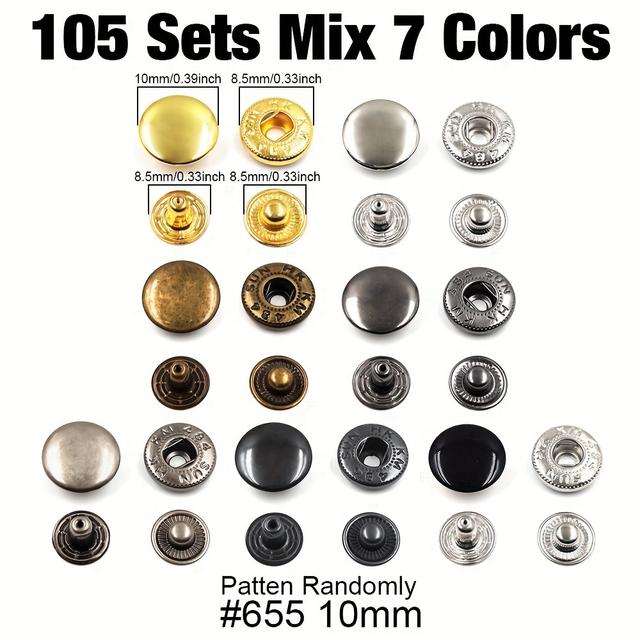 TEMU 100/105 Sets 10-20mm Metal Snaps Fasteners Snap Button Press Buttons 655/633/831 For Leathercraft Clothes Garment Bags Shoes Wallet Diy Supplies