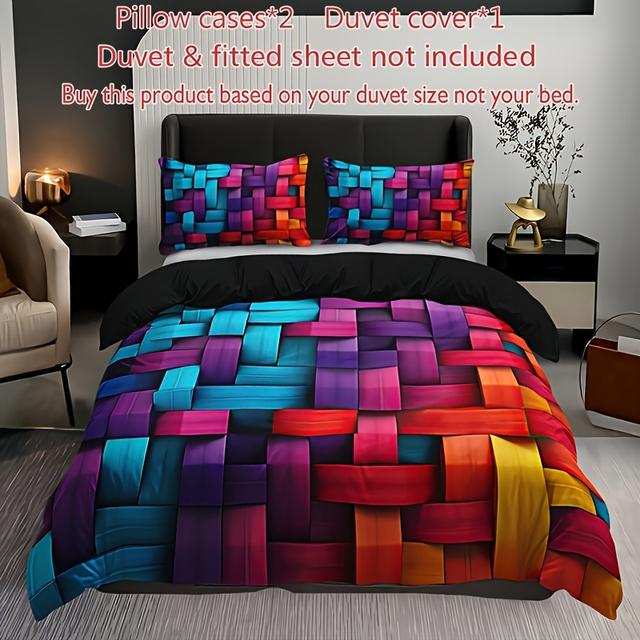 TEMU 3pcs Colorful Geometric Plaid Duvet Cover Set, 1 Duvet Cover + 2 Pillowcases (no Pillow Inserts), High-definition Print For Home And Dorm