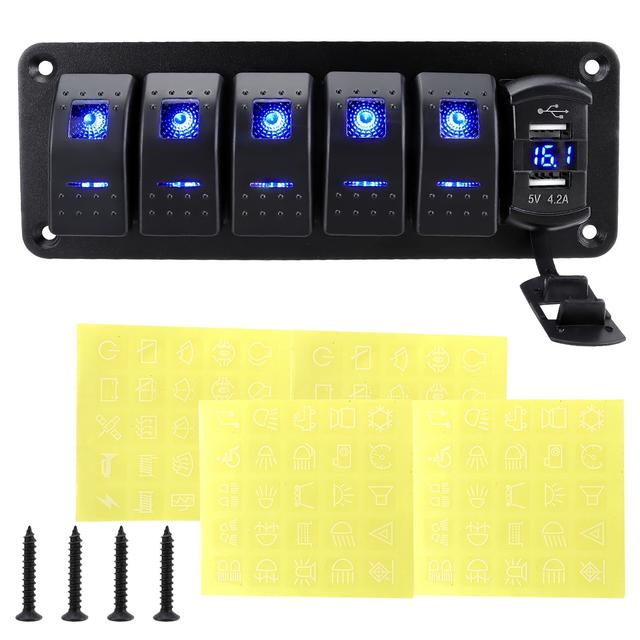 TEMU 7 Gang Rocker For Switch Aluminum Panel With Voltmeter & Dual Usb(4.2 Amps) Fast Charging, Blue Backlit Led, Pre-wired For Marine, Boat, Car, Truck, , For (blue)