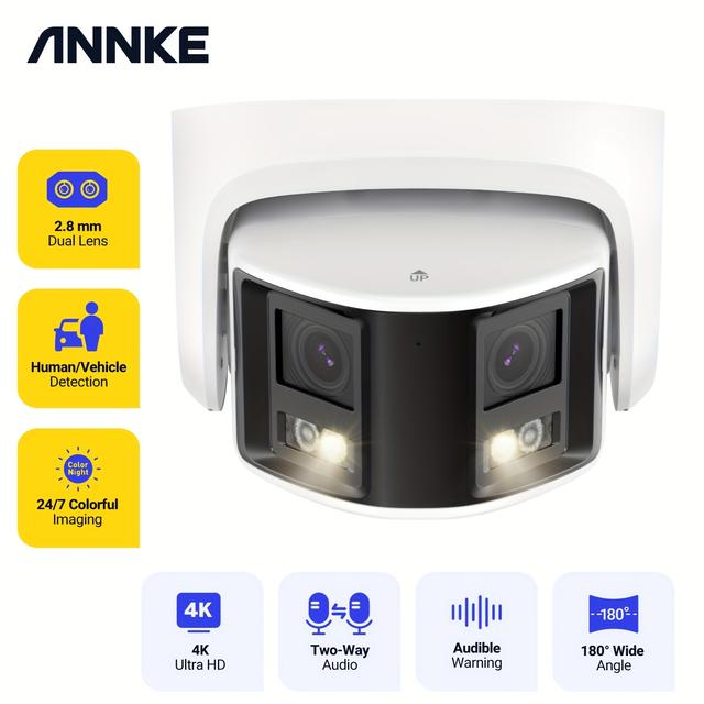 TEMU Annke 4k 8mp H.265+ Poe Security Camera Outdoor With Dual Lens 180° Of View, Ip Surveillance Camera Support Color Night Vision, Person/vehicle Detection, Talk
