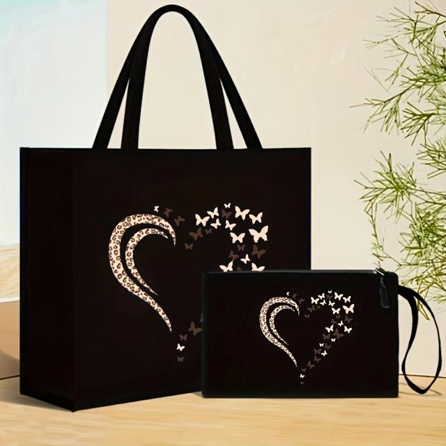 TEMU Juego de Bolsos Tote con Estampado Elegante de y y Flores, 2 Piezas de Gran Capacidad, Cierre Magnético, Forrado, , Adecuados para Viajes y Uso