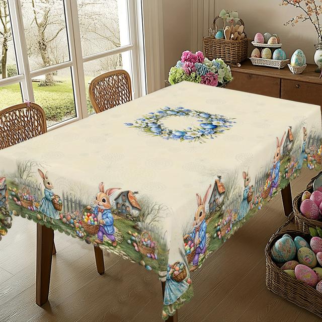 TEMU 1pc Vintage Easter Bunny & Egg Floral Round Tablecloth - Pastel Festive Design, 100% Polyester, Indoor/outdoor Dining, Kitchen Decor, And Gifts, Bunny Accessories