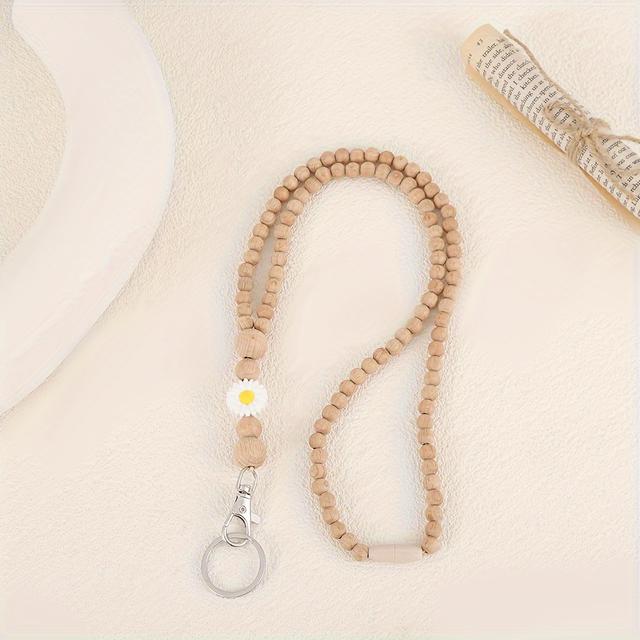 TEMU 1pcs Wooden Bead Lanyard With Silicone Bead Flower Keychain For Id Badges, Cell Phone Charm, Office Work Card Holder Necklace - English Letters