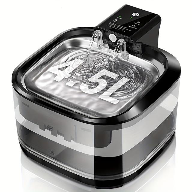 TEMU Katze Wasserbrunnen, batteriebetrieben, kabellose Haustierwasserdispenser mit Bewegungssensor, 152oz/4.5L und, Edelstahlbehälter, drei /Schwarz