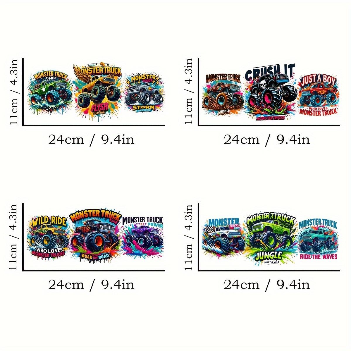TEMU 4pcs/set Monster Truck Uv Dtf Cup Wraps, Transfer Printing Waterproof Self-adhesive For Mug Water Bottle Cup, Dtf Transfer For 16oz Glass Can Wrap, Diy Crafts 4.3inx9.4in