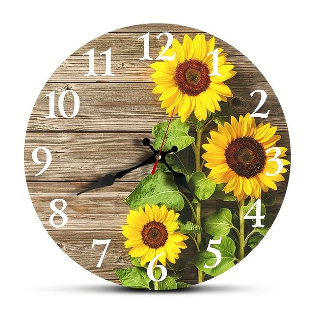 TEMU 1pc Sunflower Wall Clock, Silent Non-ticking Quartz Movement, Round Wooden Decorative Clock, With Aa Battery Operated (battery Not Included) For Home And Holiday Decor