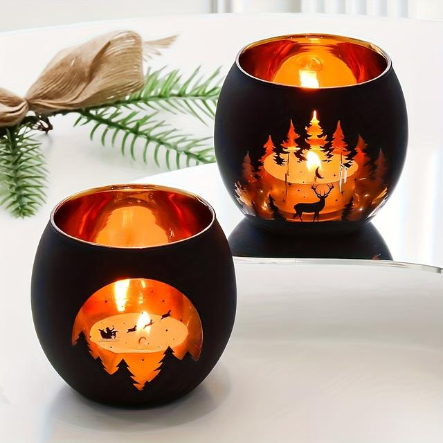 TEMU Mondbeschienener Wald Weihnachtskerzenhalter - Set aus 2 schwarzen Glas-Kerzenständern mit Santa-Schlitten, Rentier & -Designs - für Weihnachten und Neujahrsfeiern, Weihnachtsgeschenk-Dekoration
