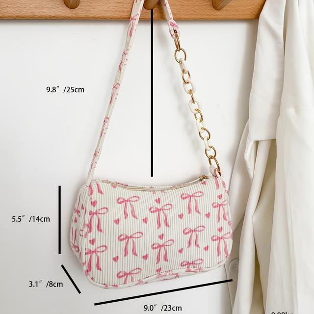 TEMU Ladies' Cute Small Handbag With Bow Print, Practical Large Capacity Storage Bag