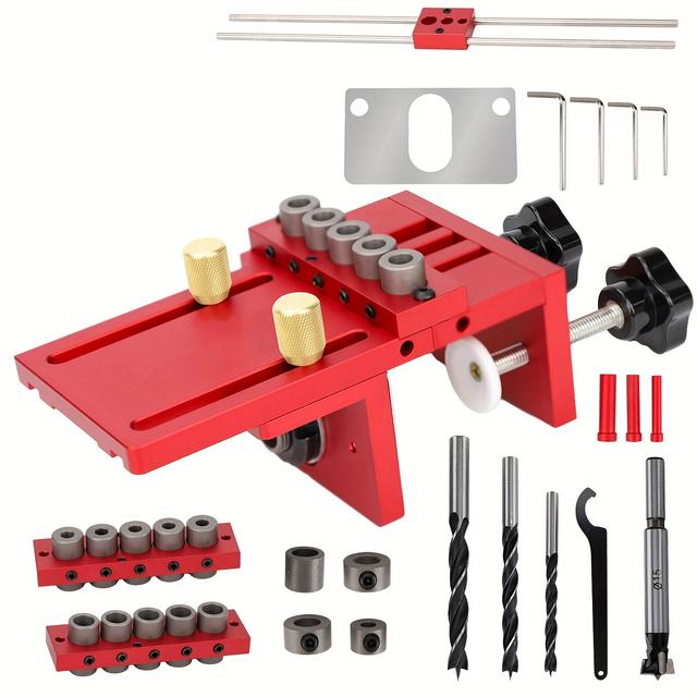 TEMU Rotes Aluminiumlegierung-Holzverbindungsbohrlehren-Set mit 6/8/10mm Bohrführungen und Zubehör für präzises Lochbohren ohne Strom