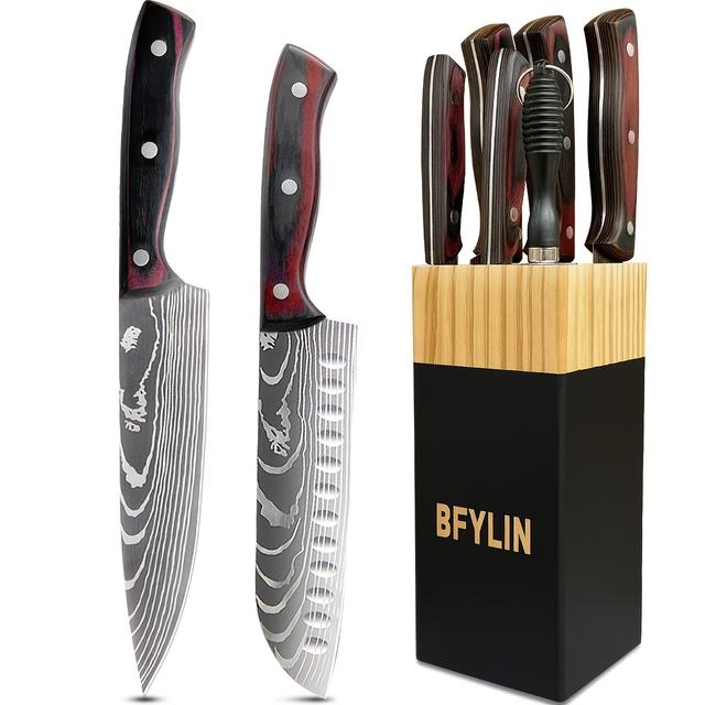 TEMU 7pcs Knife Set With Block, Chef's Knife Set With High-carbon Stainless Steel , Ergonomic Pakkawood Handles With Knife Block