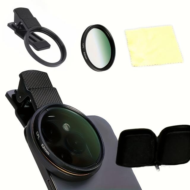 TEMU Obrotowy polarizer 52 mm, ultracienki wielowarstwowy filtr CPL, zestaw filtrów do telefonu komórkowego z klipsem, kompatybilny z iPhone 16 15 14 13 12 11, Motorola, Pixel i innymi smartfonami