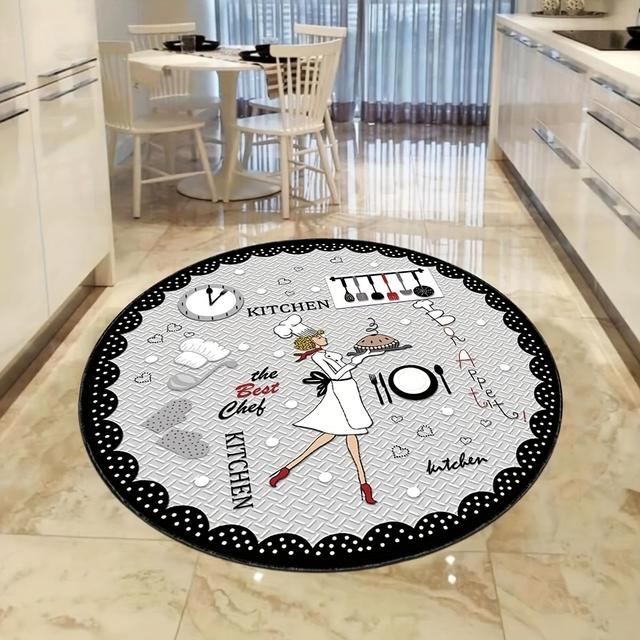 TEMU 1 قطعة مطاط رقيق مستدير ناعم بتصميم طاهي وأدوات المطبخ - خفيف الوزن، مصنوع من البوليستر، مضفر، 480 جرام/متر مربع، سمك 1 سم، مثالي لتزيين غرفة المعيشة أو المطبخ