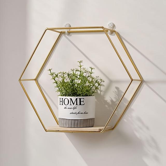 TEMU . Sechseckiges Eisen Regal, Stanzfreies Wandregal, Kunst Hintergrund Wanddekoration, Wand Bücherregal Blumenständer, Ornament Präsentationsständer