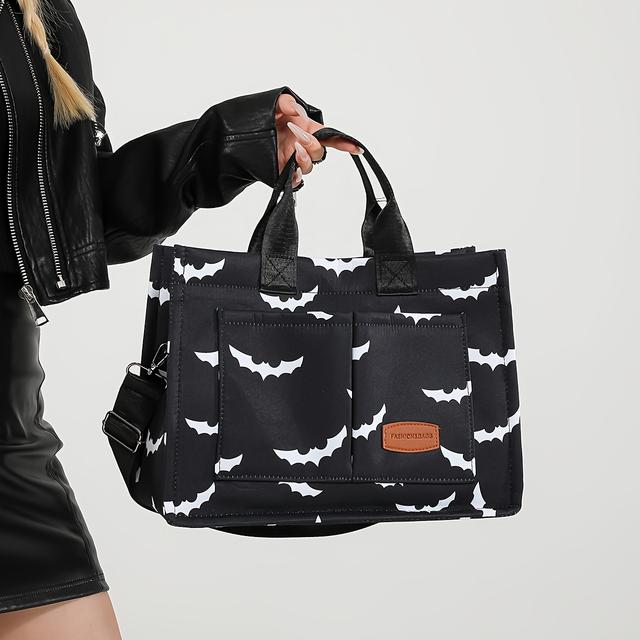 TEMU Casual Stijl Tote Bag met Capaciteit en Halloween Vleermuizenprint, Kwaliteit Mode Dagelijks, Elegante Klassieke Dames Commuter Shopper met Verstelbare Riem en Magnetische Sluiting