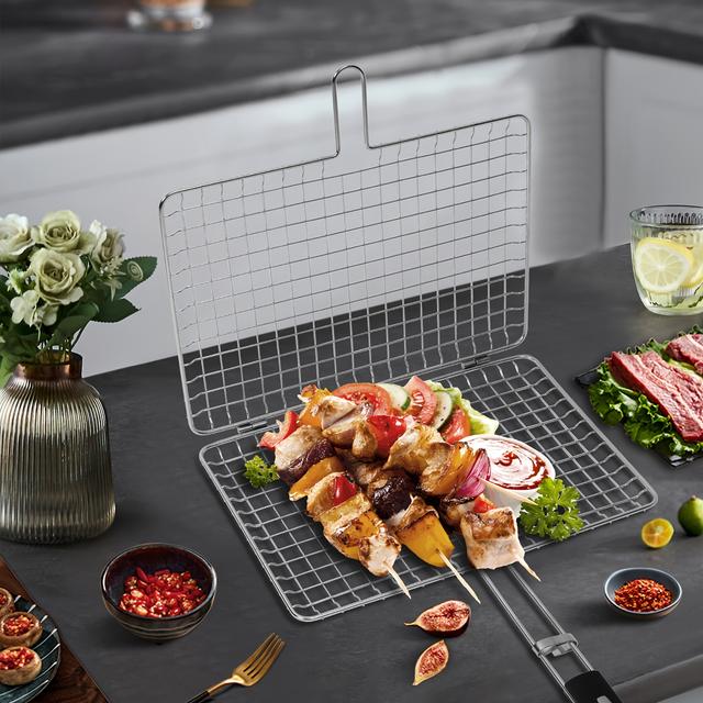 TEMU Stainless Steel Bbq Grill Basket - Large Capacity Flip Grilling Rack For Fish, Shrimp, Vegetables - Outdoor Cooking Accessory For Bbq, Camping, Picnics - & Cleaning Father Gift