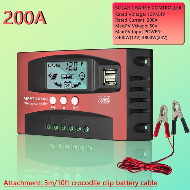 TEMU 200A MPPT Solar-Laderegler, 12V/24V Solarpanel-Batterie-Intelligenter Regler mit Dual-USB-Anschluss, LCD-Display Timer-Einstellung für Ein-/Ausschaltzeiten