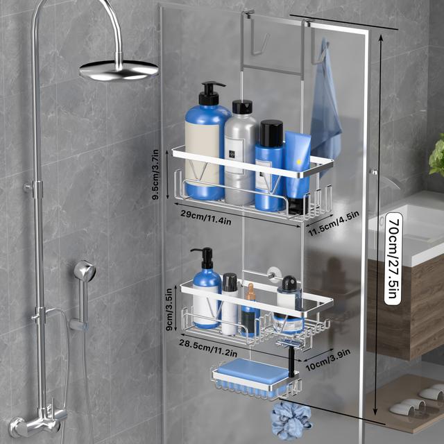 TEMU رف دش من الفولاذ المقاوم للصدأ بدون حفر، رف تخزين حمام ثلاثي الطبقات مع خطاف لصابون، مقاوم للصدأ ومقاوم للماء مناسب لتخزين الشامبو في الحمام والمطبخ والسكن الجامعي