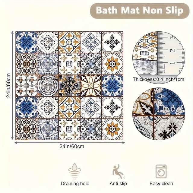 TEMU Non-slip Shower Mat With Floral Pattern - Durable Pvc Bathroom Rug, Square, Thick & Lightweight