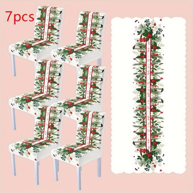 TEMU Weihnachtsdruck Tischdecke Stuhlhussen 7-teiliges Set, 1 Tischdecke + 6 abnehmbare und waschbare Stuhlhussen-Set, geeignet für Weihnachtsdekoration, leicht zu pflegen, wiederverwendbar