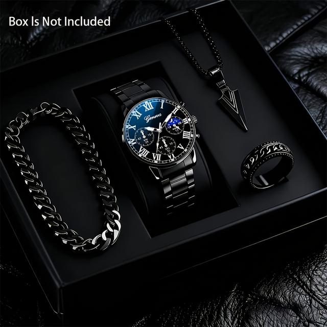 TEMU A Set Of 4, Featuring A Stylish Quartz Watch And Accessory Kit, With Round Dial Display And A Luxurious Stainless Steel Strap In A Casual Sporty Style, Making It An Ideal Gift For Dad, Boyfriend