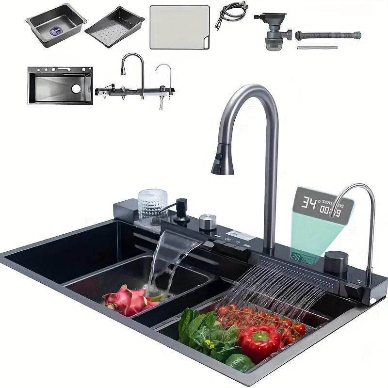 TEMU 30x18 Inch 2 Waterfalls Sink, Stainless Steel Smart Kitchen Sinks, Multifunctional Workstation Kitchen Sink With Digital Display Pull-out And Accessories