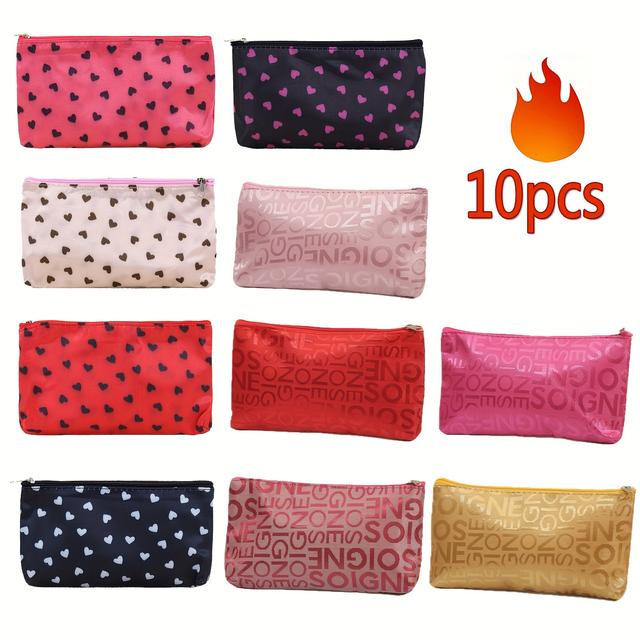 TEMU 10pcs Makeup Bag Portable Cosmetic Organizer Travel Storage Pouch Lipstick Eyebrow Bag With Letter Heart Pattern, Gift For