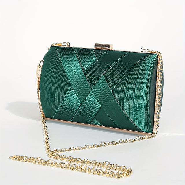 TEMU Elegant Dark Green Evening Clutch With Woven Metal Tassel, Polyester Lined, Buckle Closure, Crossbody Chain Strap, Occasion-themed, With Care Instruction