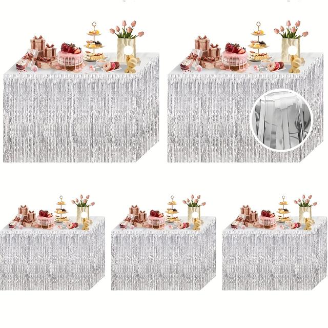TEMU 5pcs Silvery Foil Fringe Table Skirt, 29 X 108in Fringe Party Table Skirt, Float Skirting For Table Banner For Rectangle Round Tables Parade Floats Party (silvery)