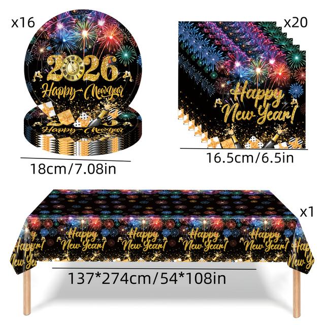 TEMU 37-teiliges Partygeschirr-Set, Buntes Tischtuch „Frohes Neues Jahr“ für 16 Gäste mit Servietten, Neujahrsgeschirr-Set 2026, Geschenk für Silvesterparty