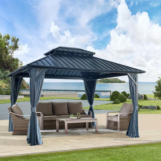 TEMU 12'x10' Heavy-duty Blue Aluminum Gazebo With Double Roof & Canopy - Permanent Outdoor With Removable Netting Panels & Privacy Curtains, Easy Assembly For Garden, Patio, Backyard (no Wood-)