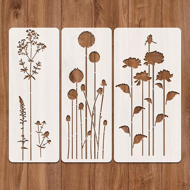 TEMU 3pcs Painting Stencil Templates, Reusable Botanical Floral Craft Stencils For Canvas, Paper, Fabric, Floors, Walls & Tiles Washable, Perfect Gift For Family
