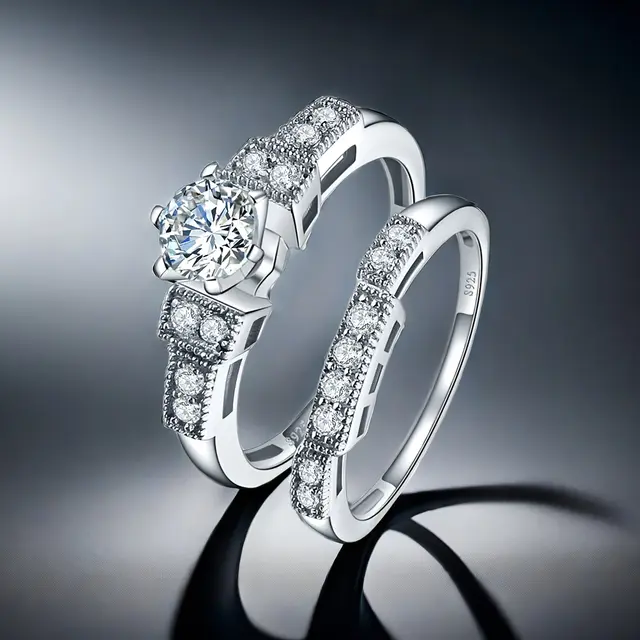 TEMU 2pcs Gorgeous S925 Sterling Silvery Fashion Elegant Shiny Round Synthetic Cubic Zirconiaia Pair Ring For Men Valentine's Day Wedding Wedding Gift