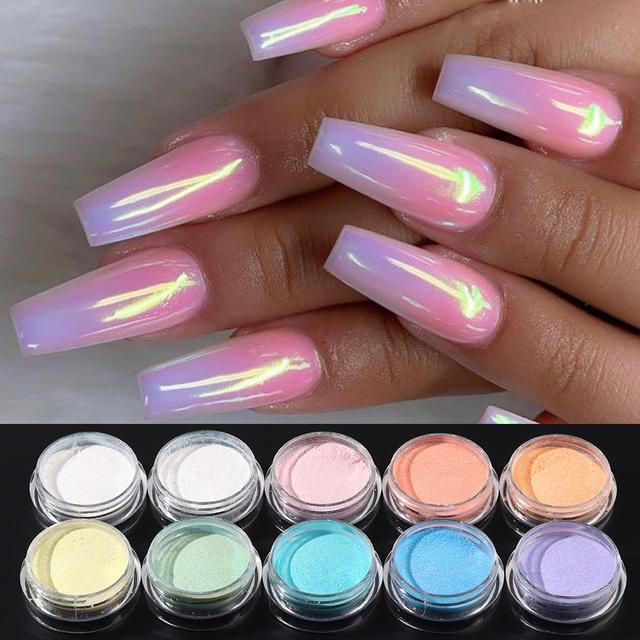 TEMU 10pcs Aurora Mermaid Powder Moonlight Effect For Nails Iridescent Nail Glitter Shimmer White Rubbing Dust Nail Set Manicure Nail Art Decorations