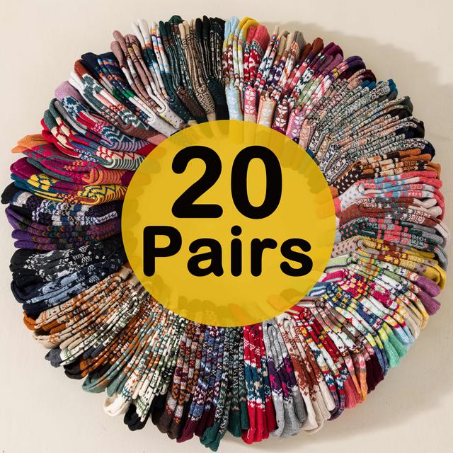 TEMU 10/20 Pairs Random Comfortable Retro Tribal Pattern Mid-calf Socks - Thick Warm Autumn Winter Gift Set, Soft Cozy For Family Casual And Outdoor Sports Activities