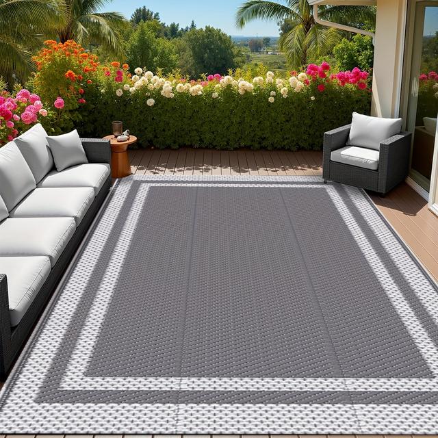 TEMU Bolsa Tote + Estacas de Tapetes de Exterior para Pátio, Tapete de Camping Plástico para RV, Varanda, Deck, Campistas, , , Cinza e Branco