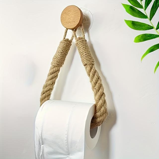 TEMU Rustic Hemp Rope Toilet Paper Holder - Self-adhesive Wall Mount Bathroom Tissue Storage With Wooden Knob, Natural Braided Design For Decor, Bathroom Organizers And Storage