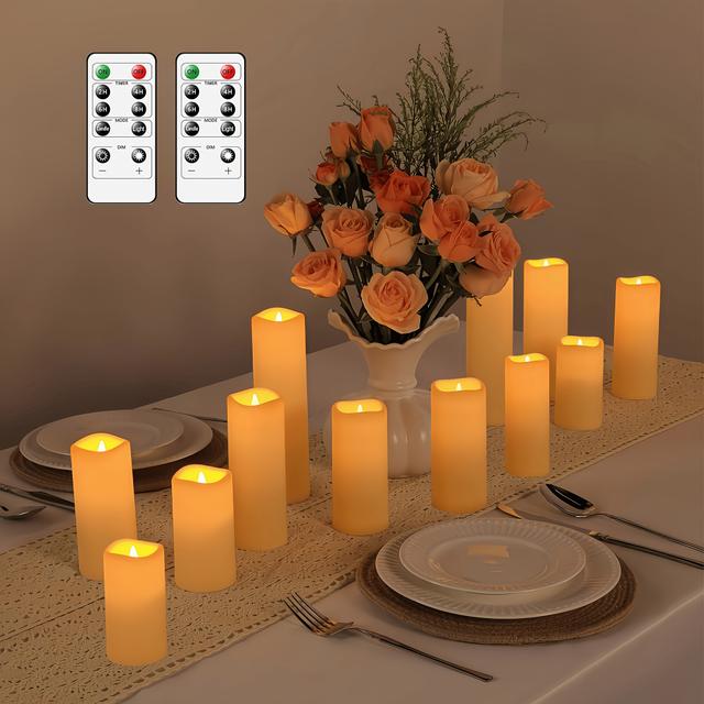 TEMU Set Of 12 Flameless Candles | Remote Control With Timer Function | Battery-operated Flickering Candles | Led Pillar Candles | Suitable For Patio Gardens And Indoor Home Decor, Ivory Color
