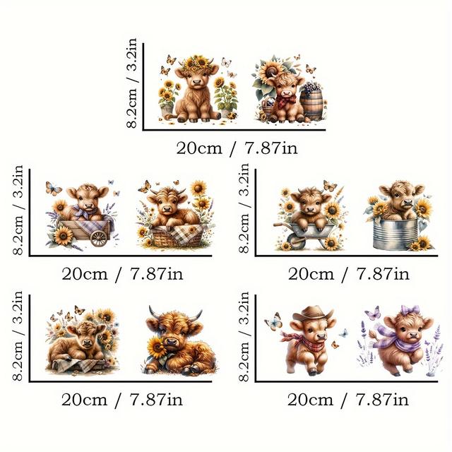TEMU 5-teilig Niedliche Kuh UV DTF Becherfolien Aufkleber Transferpapier, DIY Frühlings-Hochlandkuh UV DTF Transferpapier für Tassen, Hochwertig (3,2"x7,8")