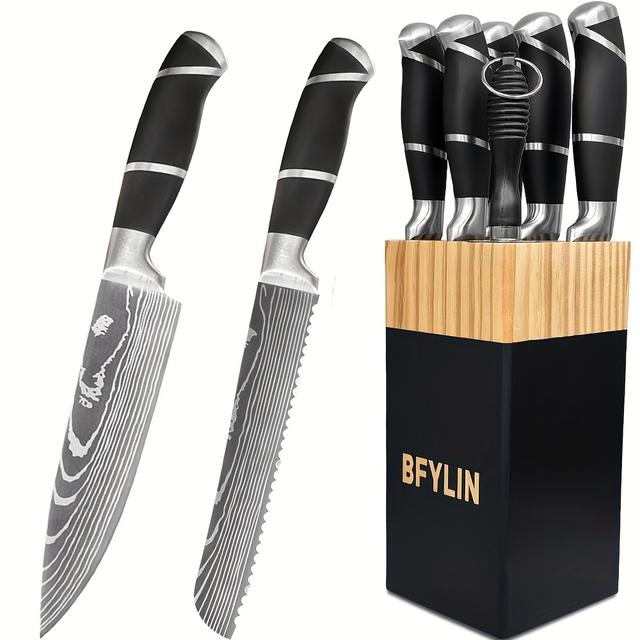 TEMU Set di 7 Coltelli da in Legno, Coltelli da Cucina, Lame in Acciaio Inossidabile Extra Affilate per Precisi con Ergonomico Antiscivolo