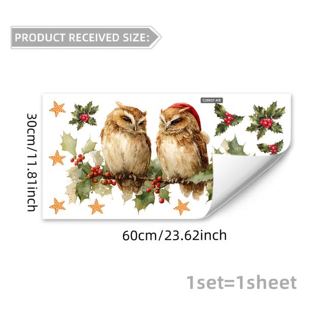 TEMU Contemporary Christmas Owl & Berry Branch Window Decal, Self-adhesive Pvc Sticker, 5mil Thick, Rectangular, Festive Holiday Decor For Glass, Single Use - C20037-yc, Christmas Window Stickers