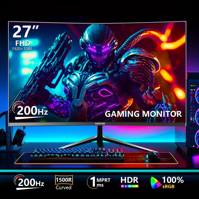 TEMU Vjcstar 27-inch Monitor | Fhd 1920x1080 Resolution, 200hz Refresh Rate, 1500r Va Panel, 100% Srgb, 3000:1 Contrast Ratio, , Tilt Stand, Equipped With Hdm