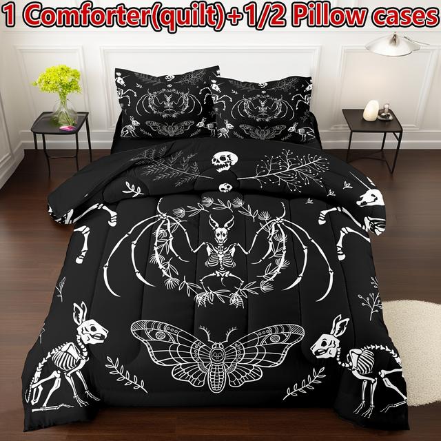 TEMU 2/3pcs Black And Flower Quilt Set (1 Quilt Comforter +1/2 Pillow Cases Without Core), Soft, Lightweight, Breathable Bedding