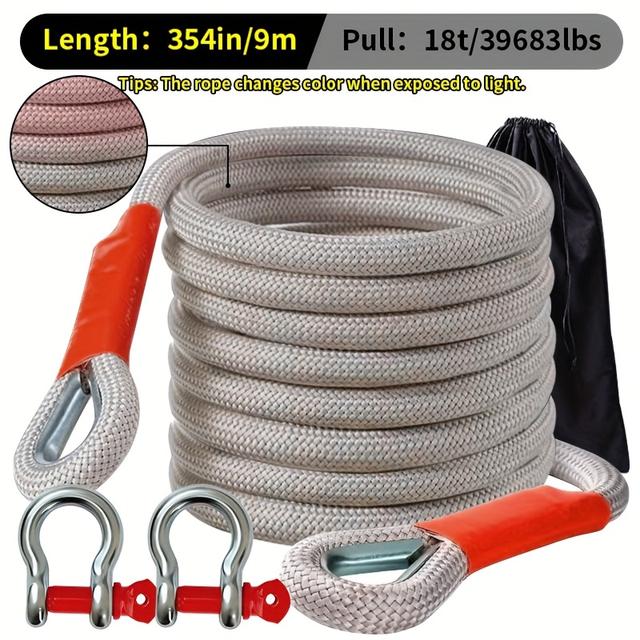 TEMU 1pc Heavy-duty Polyamide Tow Rope Set, 40000 Lbs Tensile Strength, Off-road Recovery For Suvs And Vehicles, With 2 Steel U-hooks And Reflective Storage Bag, Front Placement, 122 Lbs+