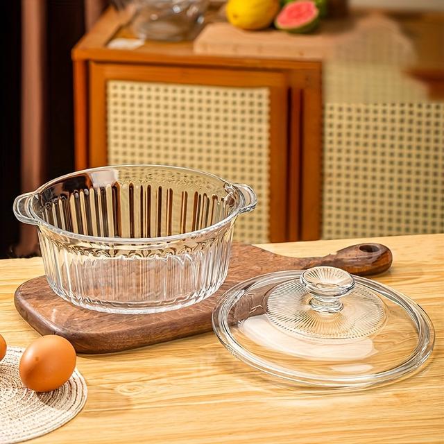 TEMU Enkel högtermotolerant glasgryta med dubbla handtag och lock, transparent för hemmabruk, lämplig för kycklingsoppa, fiskoppa, mikrovågsugn, ångning och bakning – glaskärl