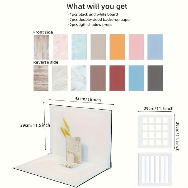 TEMU 10pcs Photography Backdrop Set | 16 Unique Patterns For Food, Jewelry & Small Item Photography | Durable Pvc Board (16x11.5 Inches) + Multi-functional Props | Versatile | Easy Setup Backdrop