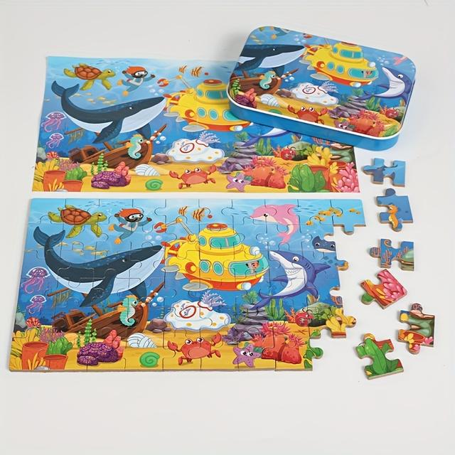 TEMU A 60pcs Educational Puzzle Set Featuring An , Designed For Children Aged 4 To 6, In A Metal Box And Is Suitable For Girls And Boys
